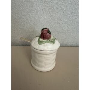 Vintage Small Ceramic Jam Jar with Strawberries on Top and Serving Spoon